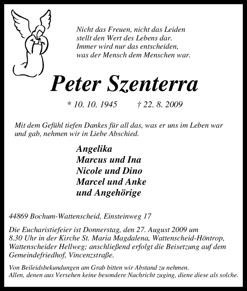  Traueranzeige für Peter Szenterra vom 25.08.2009 aus Tageszeitung