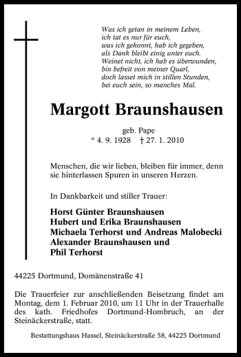 Traueranzeige von Margott Braunshausen von Tageszeitung