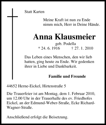 Traueranzeige von Anna Klausmeier von Tageszeitung