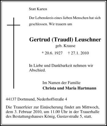 Traueranzeige von Gertrud Leuschner von Tageszeitung