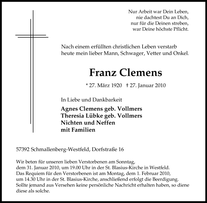  Traueranzeige für Franz Clemens vom 29.01.2010 aus Tageszeitung