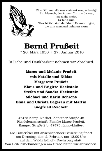 Traueranzeige von Bernd Prußeit von Tageszeitung