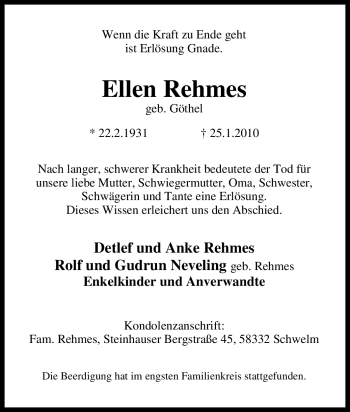 Traueranzeige von Ellen Rehmes von Tageszeitung