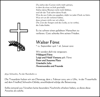 Traueranzeige von Walter Fürst von Tageszeitung