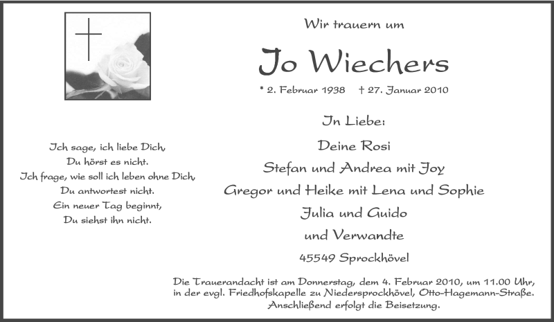  Traueranzeige für Jo Wiechers vom 30.01.2010 aus Tageszeitung