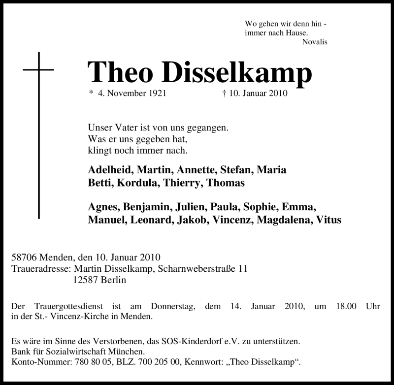  Traueranzeige für Theo Disselkamp vom 12.01.2010 aus Tageszeitung