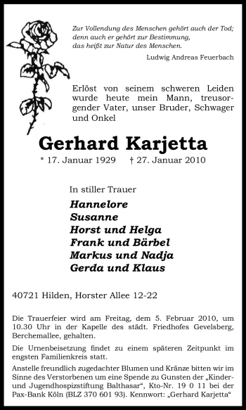 Traueranzeige von Gerhard Karjetta von Tageszeitung