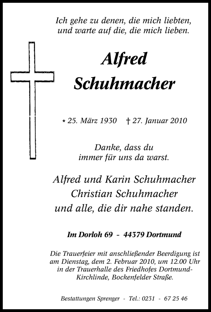  Traueranzeige für Alfred Schuhmacher vom 30.01.2010 aus Tageszeitung