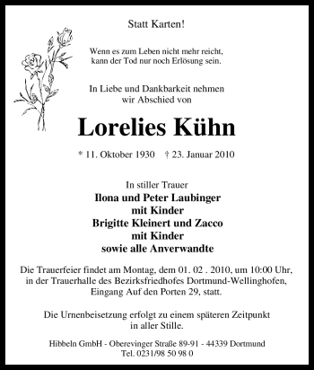 Traueranzeige von Lorelies Kühn von Tageszeitung
