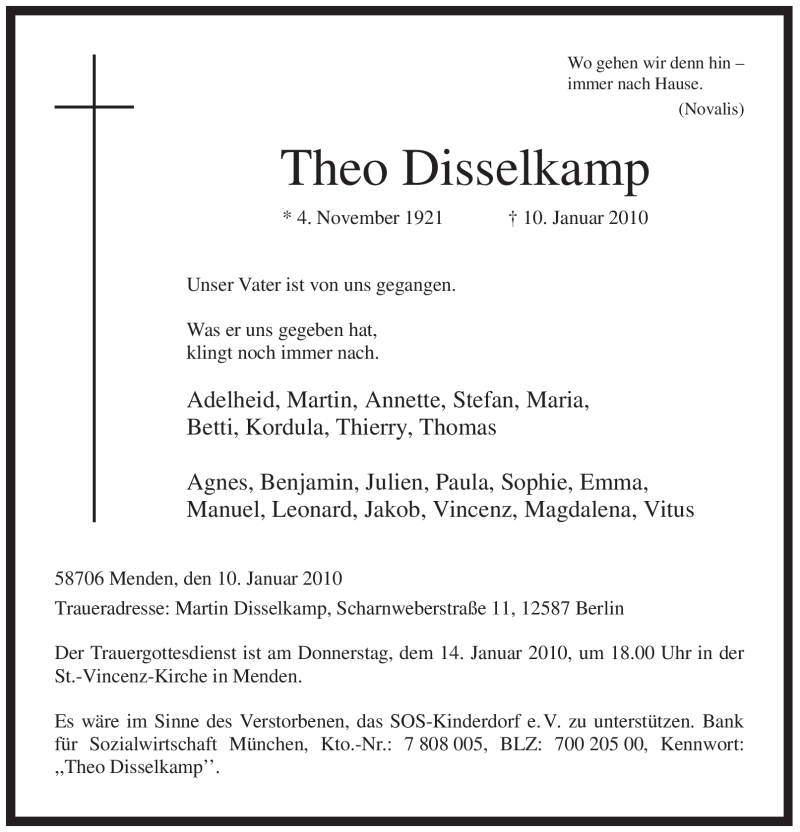  Traueranzeige für Theo Disselkamp vom 12.01.2010 aus Tageszeitung