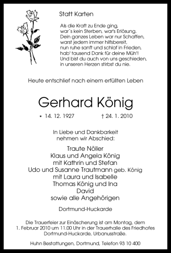 Traueranzeige von Gerhard König von Tageszeitung