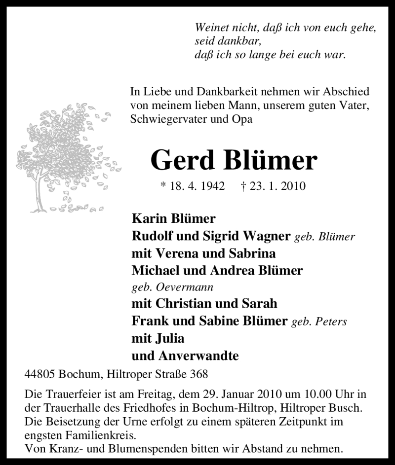  Traueranzeige für Gerd Bümer vom 26.01.2010 aus Tageszeitung