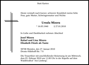 Traueranzeige von Ursula Mizera von Tageszeitung