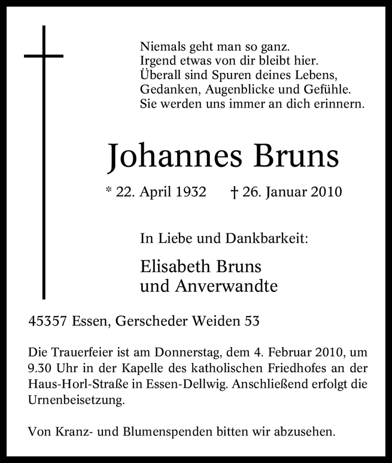  Traueranzeige für Johannes Bruns vom 29.01.2010 aus Tageszeitung