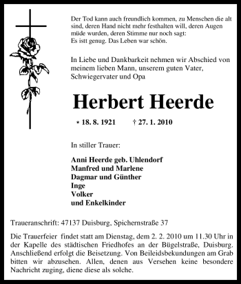 Traueranzeige von Herbert Heerde von Tageszeitung