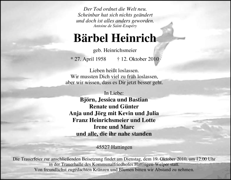  Traueranzeige für Bärbel Heinrich vom 16.10.2010 aus Tageszeitung
