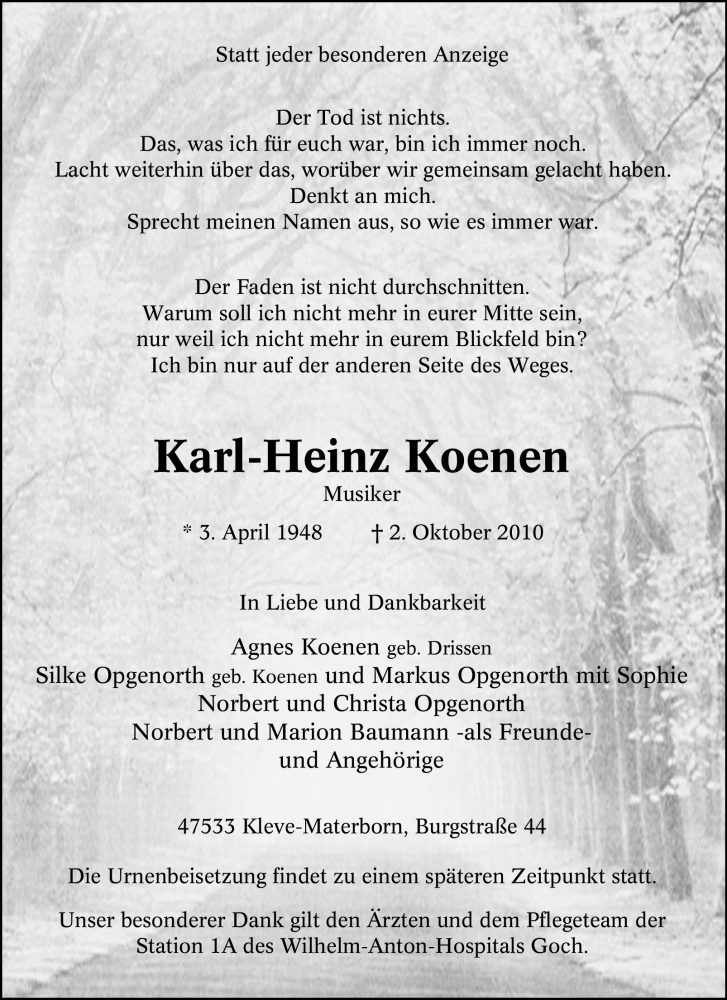  Traueranzeige für Karl-Heinz Koenen vom 06.10.2010 aus Tageszeitung