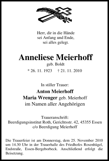 Traueranzeige von Anneliese Meierhoff von Tageszeitung