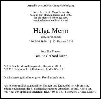 Traueranzeige von Helga Menn von Tageszeitung