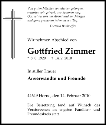 Traueranzeige von Gottfried Zimmer von Tageszeitung