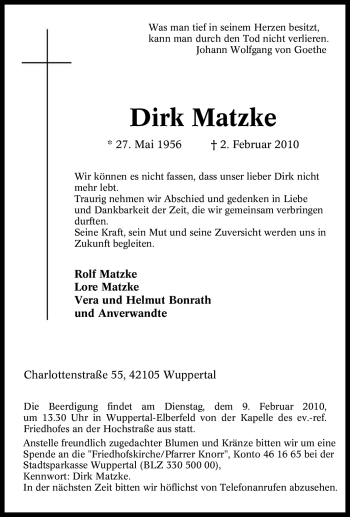 Traueranzeige von Dirk Matzke von Tageszeitung
