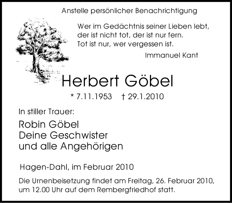  Traueranzeige für Herbert Göbel vom 20.02.2010 aus Tageszeitung