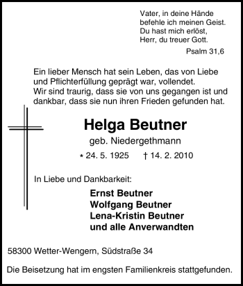 Traueranzeige von Helga Beutner von Tageszeitung