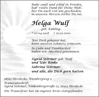 Traueranzeige von Helga Wulf von Tageszeitung