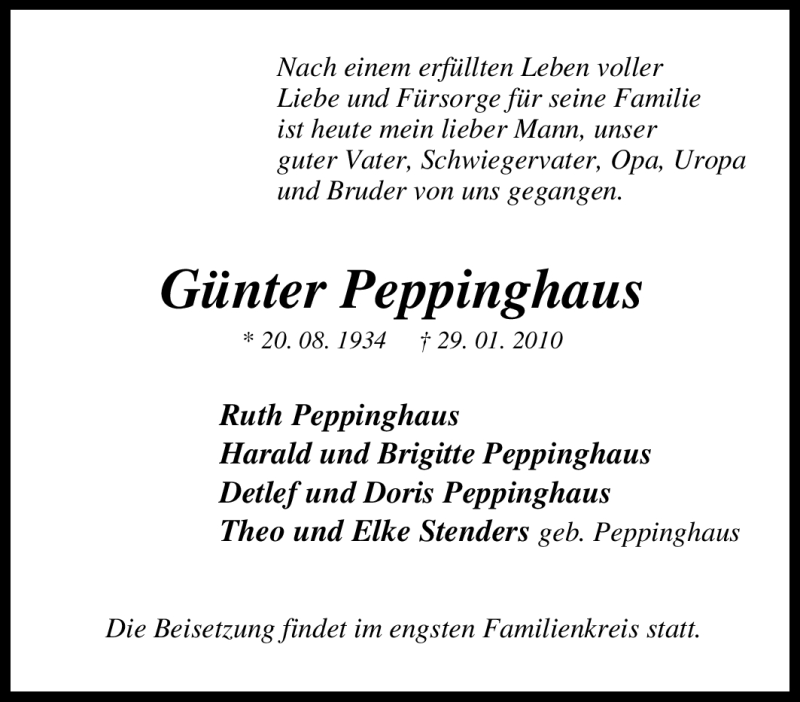  Traueranzeige für Günter Peppinghaus vom 03.02.2010 aus Tageszeitung