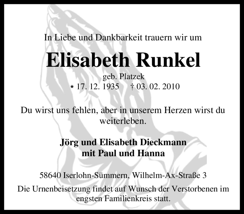  Traueranzeige für Elisabeth Runkel vom 06.02.2010 aus Tageszeitung