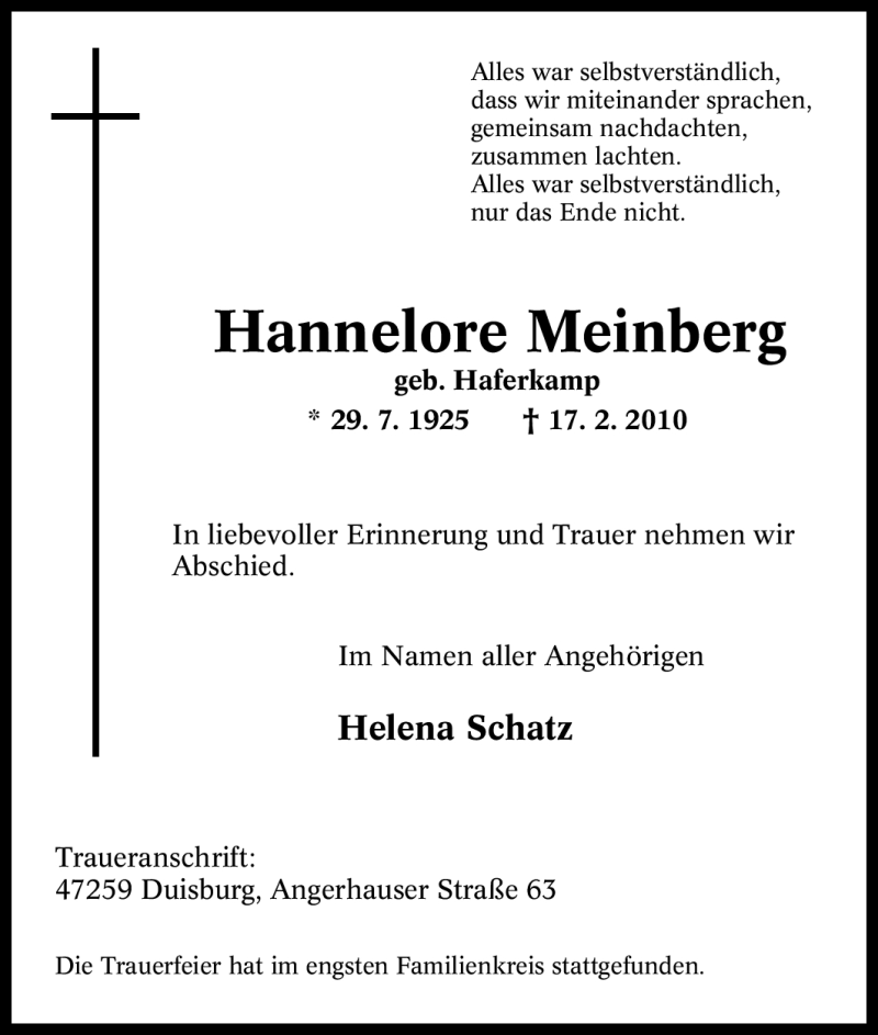  Traueranzeige für Hannelore Meinberg vom 25.02.2010 aus Tageszeitung