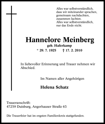 Traueranzeige von Hannelore Meinberg von Tageszeitung