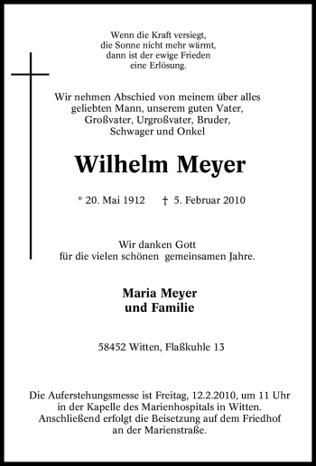 Traueranzeige von Wilhelm Meyer von Tageszeitung