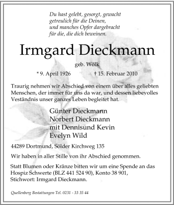 Traueranzeige von Irmgard Dieckmann von Tageszeitung