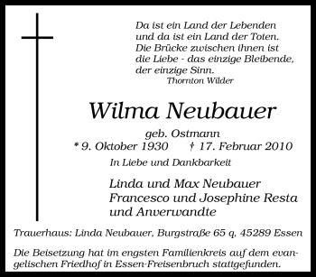 Traueranzeige von Wilma Neubauer von Tageszeitung