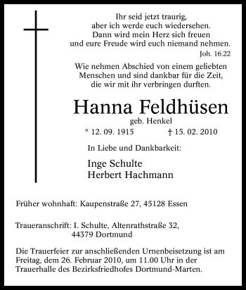 Traueranzeige von Hanna Feldhüsen von Tageszeitung