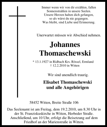 Traueranzeige von Johannes Thomaschewski von Tageszeitung
