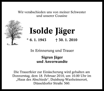 Traueranzeige von Isolde Jäger von Tageszeitung
