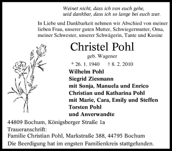 Traueranzeige von Christel Pohl von Tageszeitung