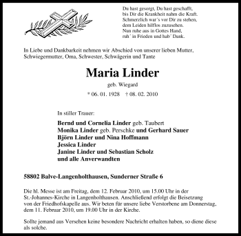 Traueranzeige von Maria Linder von Tageszeitung