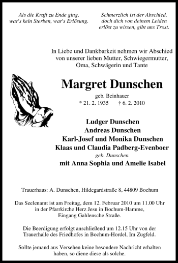 Traueranzeige von Margret Dunschen von Tageszeitung