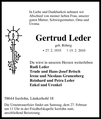 Traueranzeige von Gertrud Leder von Tageszeitung