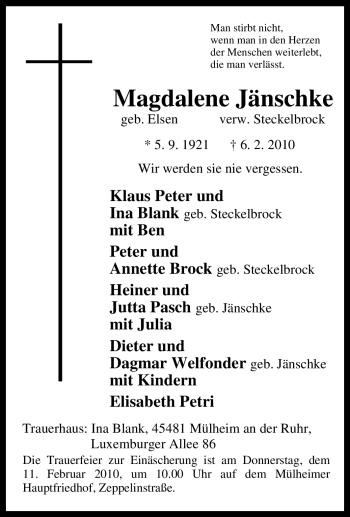 Traueranzeige von Magdalene Jänschke von Tageszeitung