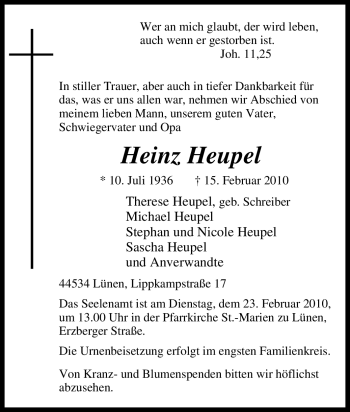 Traueranzeige von Heinz Heupel von Tageszeitung