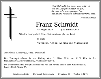 Traueranzeige von Franz Schmidt von Tageszeitung
