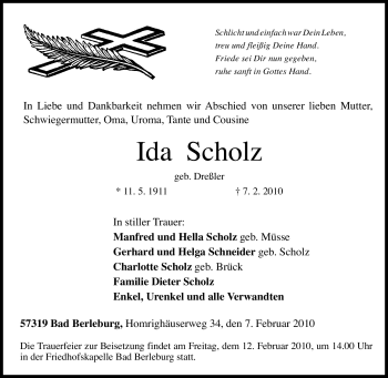 Traueranzeige von Ida Scholz von Tageszeitung