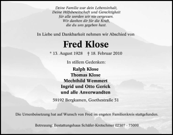 Traueranzeige von Fred Klose von Tageszeitung