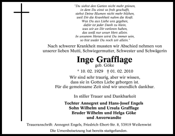 Traueranzeige von Inge Grafflage von Tageszeitung