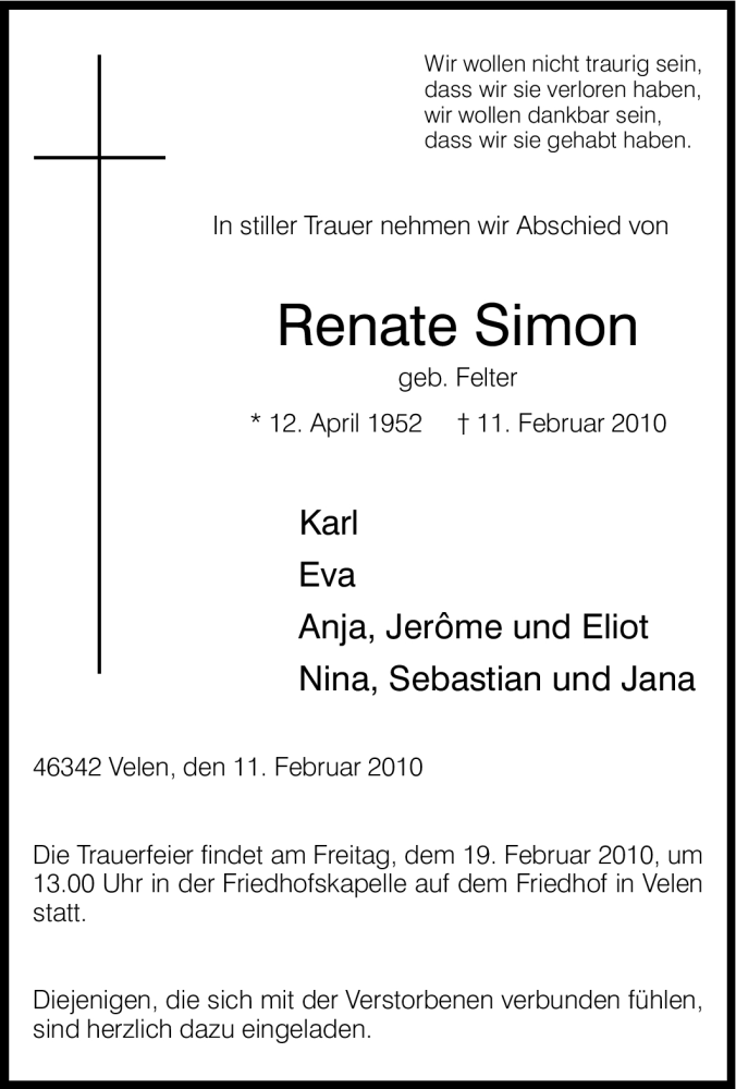  Traueranzeige für Renate Simon vom 16.02.2010 aus Tageszeitung