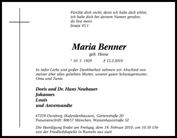 Traueranzeige von Maria Benner von Tageszeitung
